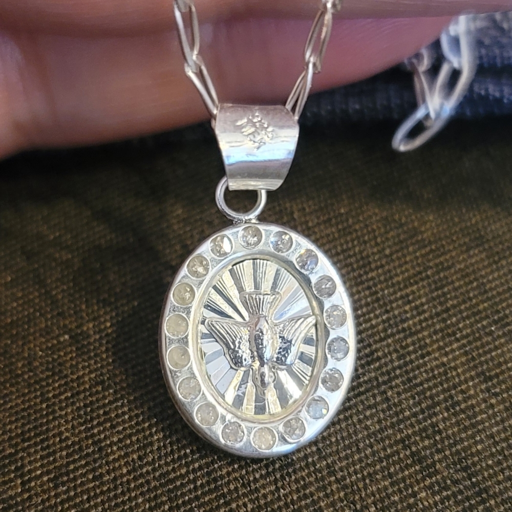 925 Fine Sterling Silver Holy Spirit Pendant Mex. Zirconia Stamped Baptizm READ